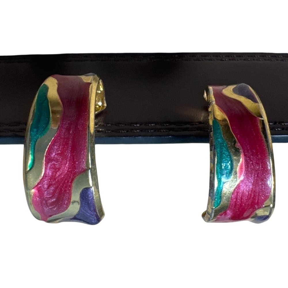 Vintage 80s Enamel Clip On Earrings Gold Tone Red Green Abstract Statement Retro